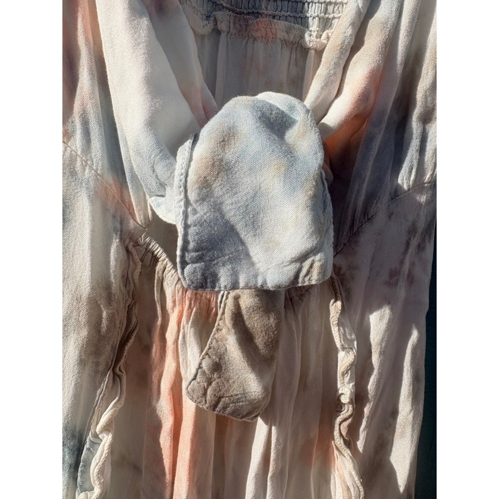 Romantic Boho Me Tie Dye Ruffle Midi Dress Blue Peach Smocked Tie Front High Low - Picture 3 of 7